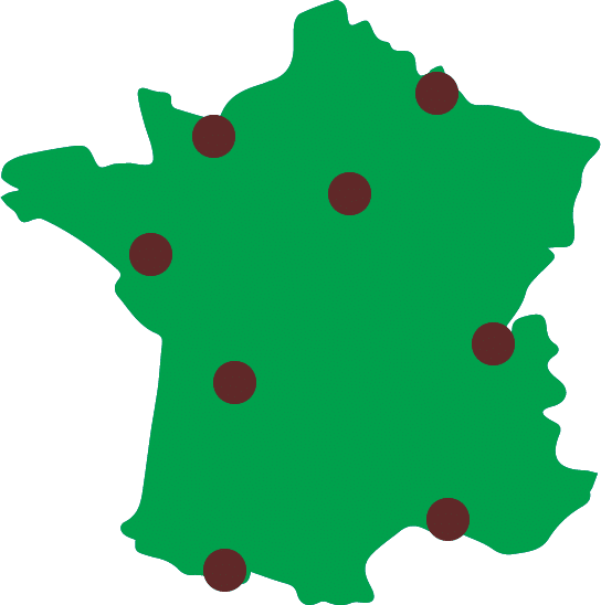 Carte de la France verte avec points rouges